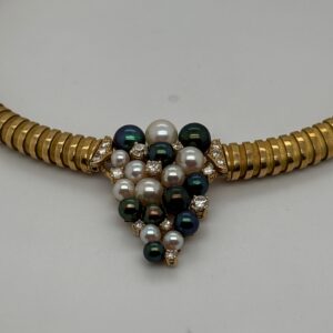 Ladies 18 Karat Yellow Gold Pearl And Diamond Clustered Necklace With 0.55