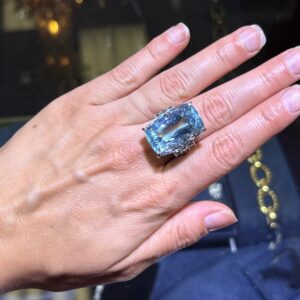 Platinum Aquamarine and Diamond Ring With 30.78 Carat Rectangular Cushion Cut
