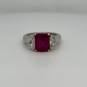 Platinum and 18 Karat Yellow Gold Ruby and Diamond Ring With 2.93 Carat Emerald