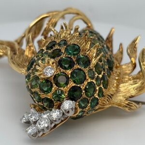 18K Yellow And White Gold Green Tourmaline and Diamond Fish Design Brooch With