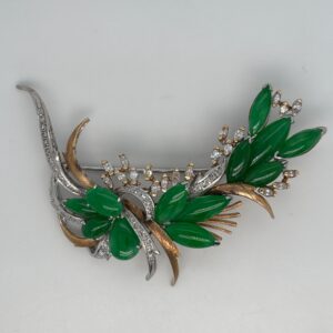 14 Karat Yellow And White Gold, Jade And Diamond Brooch
