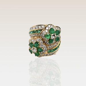 diamond and emerald double flower motif ring
